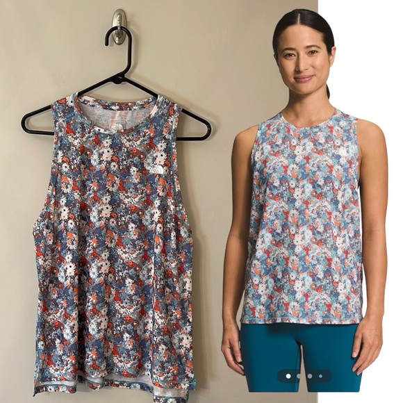 THE NORTH FACE Wander Slitback Womens Tank Top Reef Waters Wild Daisy Print Sz M - Picture 1 of 14